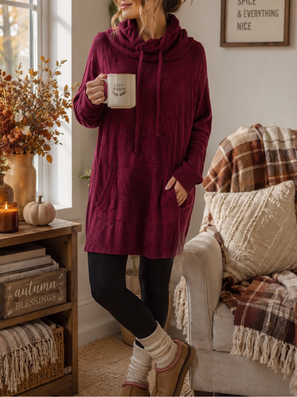 George 1X Burgundy Cowl Neck Long Sweater Tunic Cozy Fall Pullover
